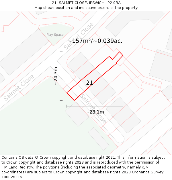 21, SALMET CLOSE, IPSWICH, IP2 9BA: Plot and title map