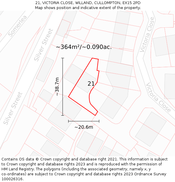 21, VICTORIA CLOSE, WILLAND, CULLOMPTON, EX15 2PD: Plot and title map