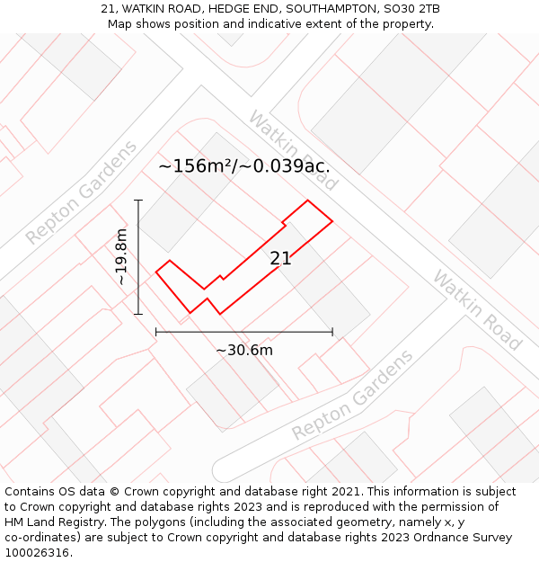21, WATKIN ROAD, HEDGE END, SOUTHAMPTON, SO30 2TB: Plot and title map