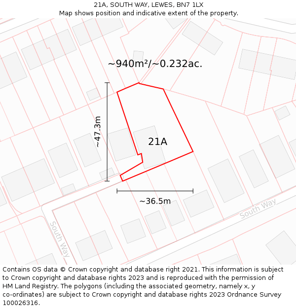 21A, SOUTH WAY, LEWES, BN7 1LX: Plot and title map