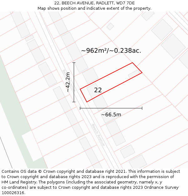 22, BEECH AVENUE, RADLETT, WD7 7DE: Plot and title map