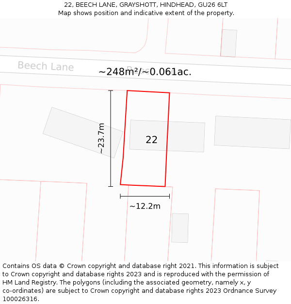 22, BEECH LANE, GRAYSHOTT, HINDHEAD, GU26 6LT: Plot and title map