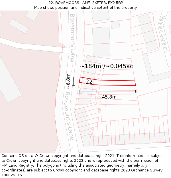 22, BOVEMOORS LANE, EXETER, EX2 5BP: Plot and title map
