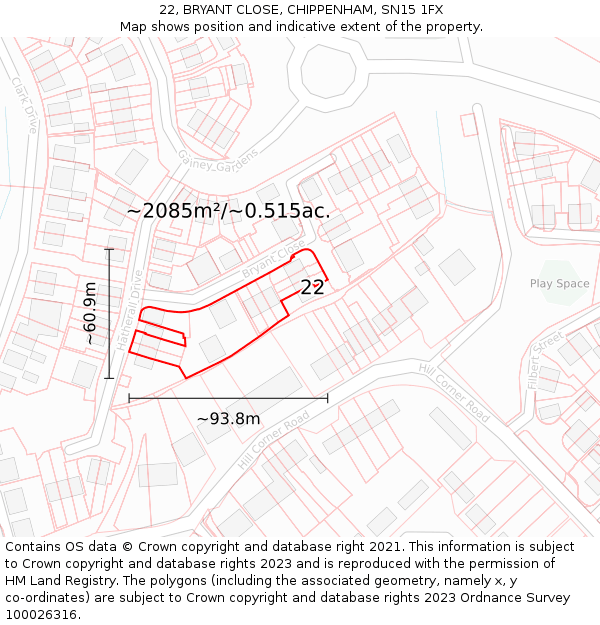 22, BRYANT CLOSE, CHIPPENHAM, SN15 1FX: Plot and title map
