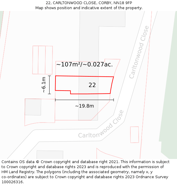 22, CARLTONWOOD CLOSE, CORBY, NN18 9FP: Plot and title map