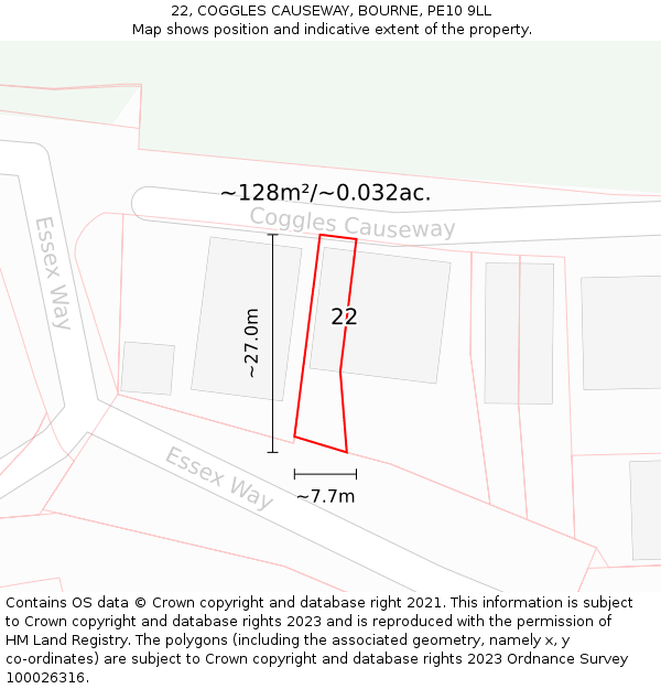 22, COGGLES CAUSEWAY, BOURNE, PE10 9LL: Plot and title map