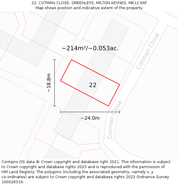 22, COTMAN CLOSE, GREENLEYS, MILTON KEYNES, MK12 6AF: Plot and title map