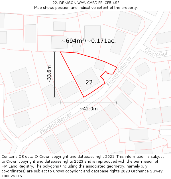22, DENISON WAY, CARDIFF, CF5 4SF: Plot and title map