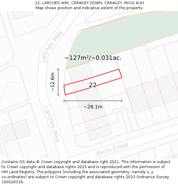 22, LARCHES WAY, CRAWLEY DOWN, CRAWLEY, RH10 4UH: Plot and title map