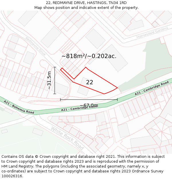 22, REDMAYNE DRIVE, HASTINGS, TN34 1RD: Plot and title map