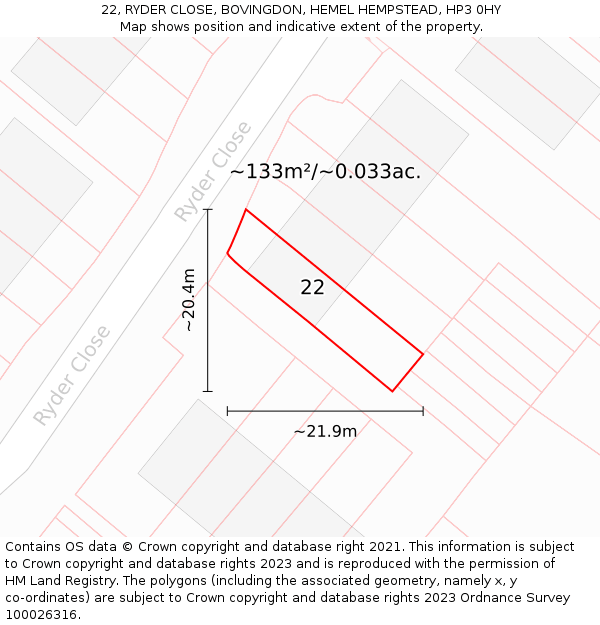 22, RYDER CLOSE, BOVINGDON, HEMEL HEMPSTEAD, HP3 0HY: Plot and title map
