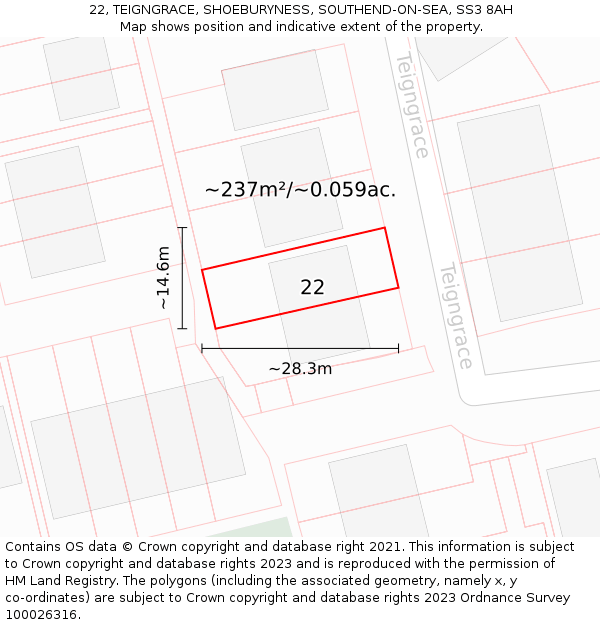 22, TEIGNGRACE, SHOEBURYNESS, SOUTHEND-ON-SEA, SS3 8AH: Plot and title map