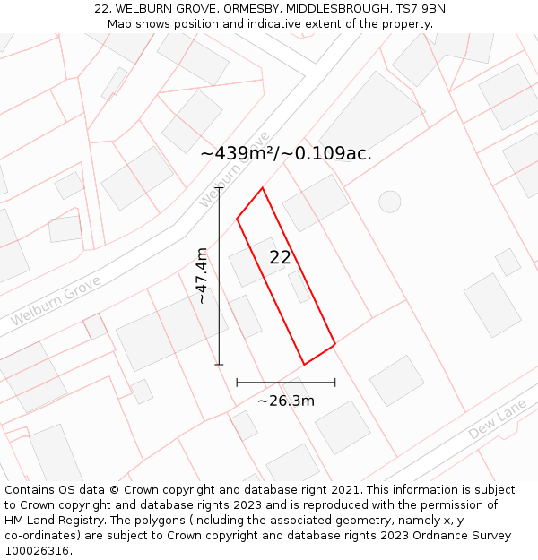 22, WELBURN GROVE, ORMESBY, MIDDLESBROUGH, TS7 9BN: Plot and title map