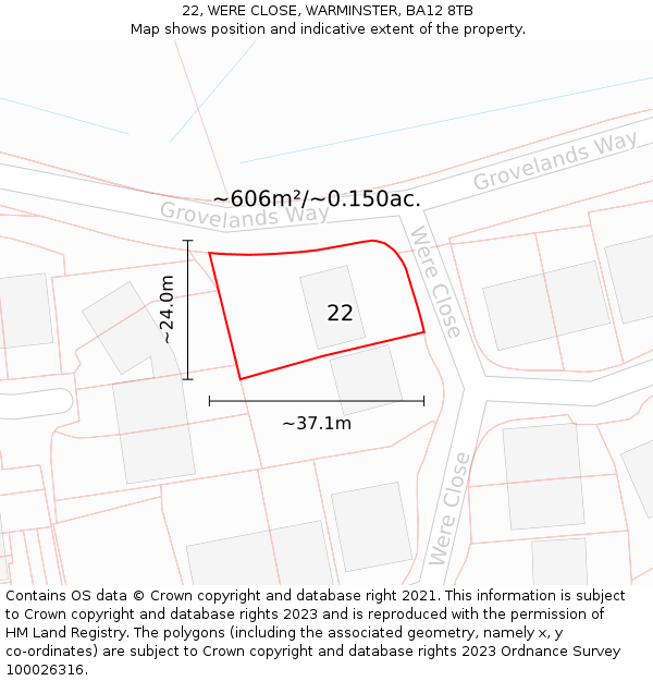 22, WERE CLOSE, WARMINSTER, BA12 8TB: Plot and title map