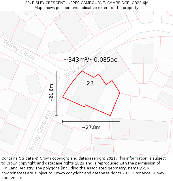 23, BISLEY CRESCENT, UPPER CAMBOURNE, CAMBRIDGE, CB23 6JA: Plot and title map