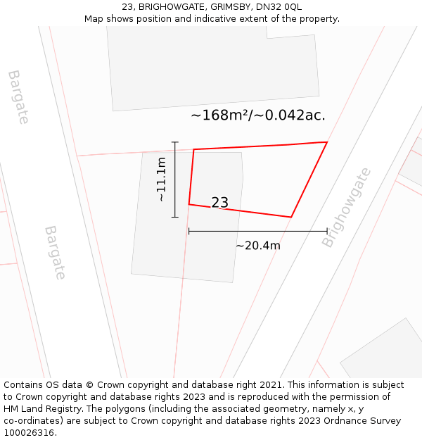 23, BRIGHOWGATE, GRIMSBY, DN32 0QL: Plot and title map