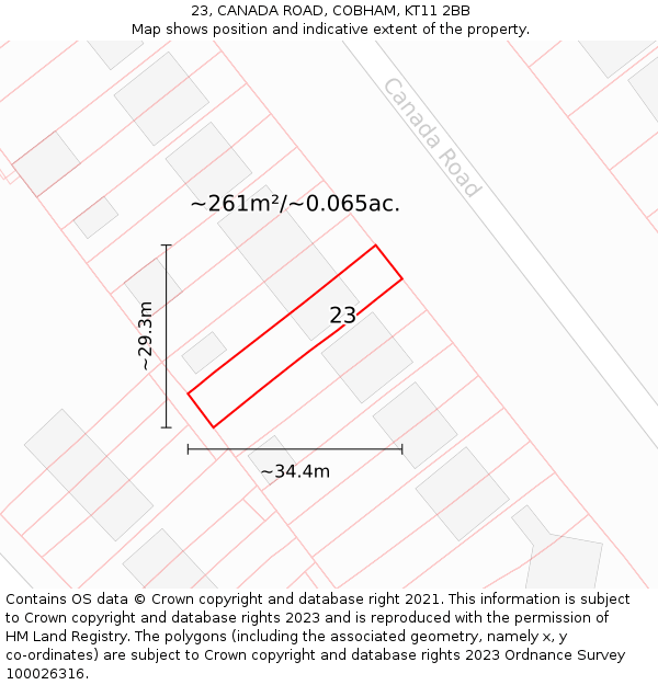 23, CANADA ROAD, COBHAM, KT11 2BB: Plot and title map