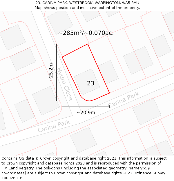 23, CARINA PARK, WESTBROOK, WARRINGTON, WA5 8AU: Plot and title map