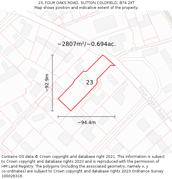 23, FOUR OAKS ROAD, SUTTON COLDFIELD, B74 2XT: Plot and title map