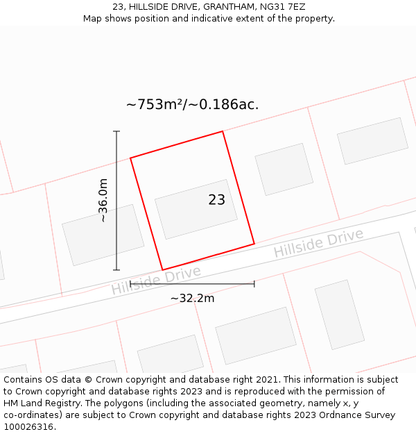 23, HILLSIDE DRIVE, GRANTHAM, NG31 7EZ: Plot and title map