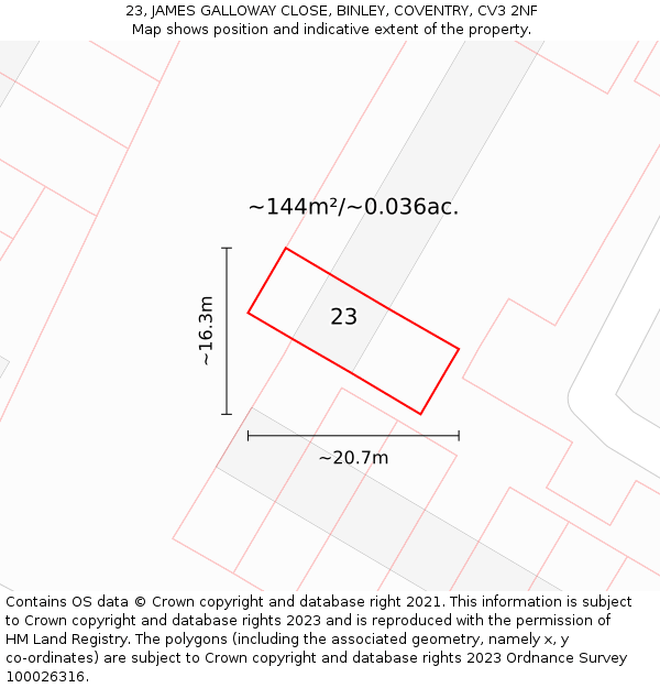 23, JAMES GALLOWAY CLOSE, BINLEY, COVENTRY, CV3 2NF: Plot and title map