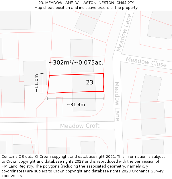 23, MEADOW LANE, WILLASTON, NESTON, CH64 2TY: Plot and title map