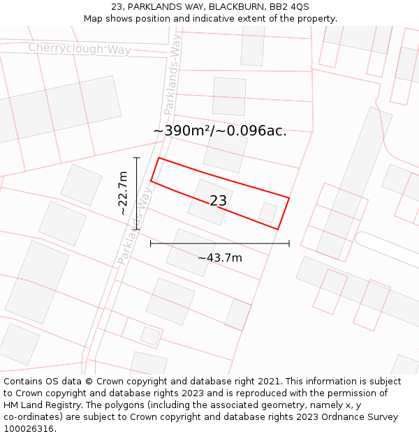23, PARKLANDS WAY, BLACKBURN, BB2 4QS: Plot and title map