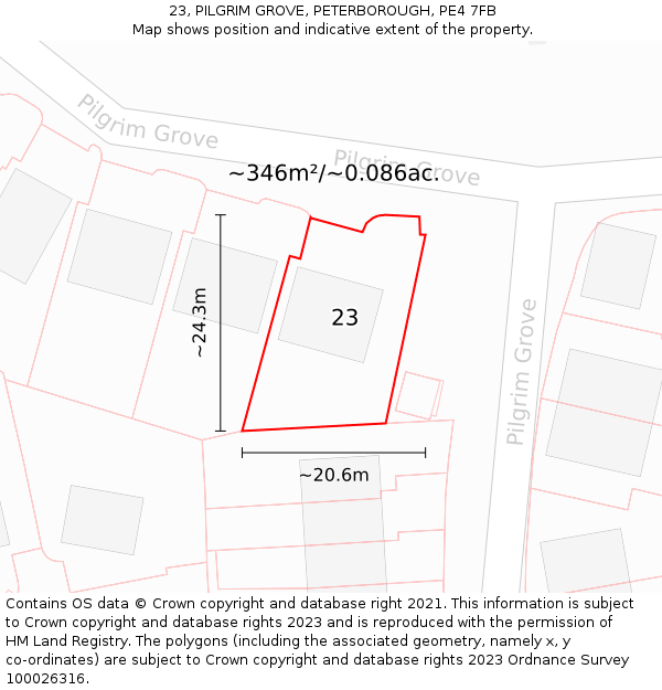 23, PILGRIM GROVE, PETERBOROUGH, PE4 7FB: Plot and title map