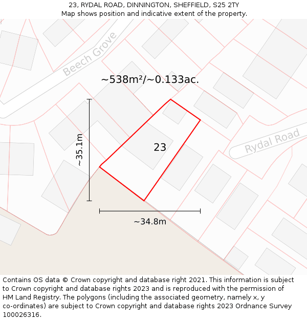 23, RYDAL ROAD, DINNINGTON, SHEFFIELD, S25 2TY: Plot and title map