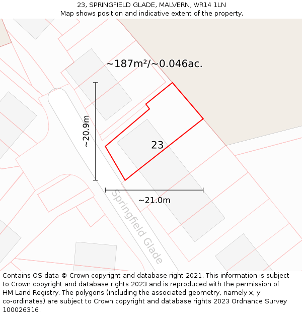 23, SPRINGFIELD GLADE, MALVERN, WR14 1LN: Plot and title map