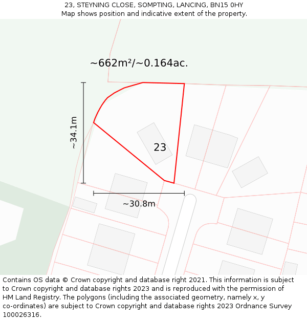 23, STEYNING CLOSE, SOMPTING, LANCING, BN15 0HY: Plot and title map
