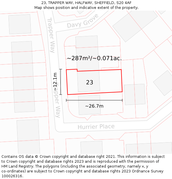 23, TRAPPER WAY, HALFWAY, SHEFFIELD, S20 4AF: Plot and title map
