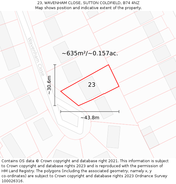 23, WAVENHAM CLOSE, SUTTON COLDFIELD, B74 4NZ: Plot and title map