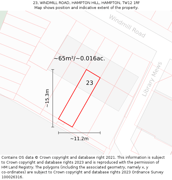 23, WINDMILL ROAD, HAMPTON HILL, HAMPTON, TW12 1RF: Plot and title map