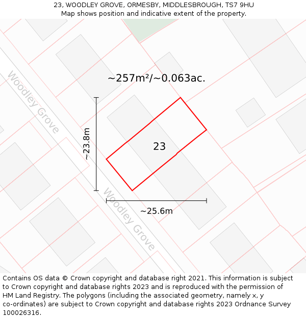 23, WOODLEY GROVE, ORMESBY, MIDDLESBROUGH, TS7 9HU: Plot and title map