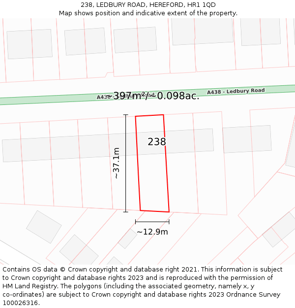 238, LEDBURY ROAD, HEREFORD, HR1 1QD: Plot and title map