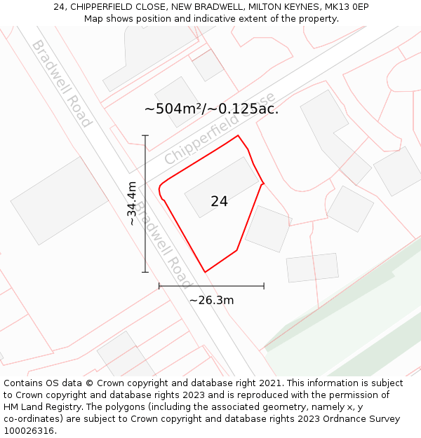 24, CHIPPERFIELD CLOSE, NEW BRADWELL, MILTON KEYNES, MK13 0EP: Plot and title map
