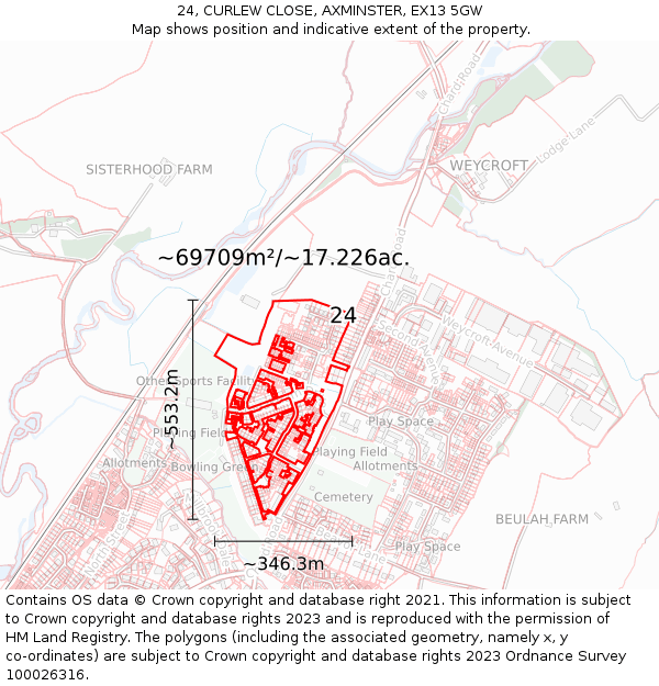 24, CURLEW CLOSE, AXMINSTER, EX13 5GW: Plot and title map