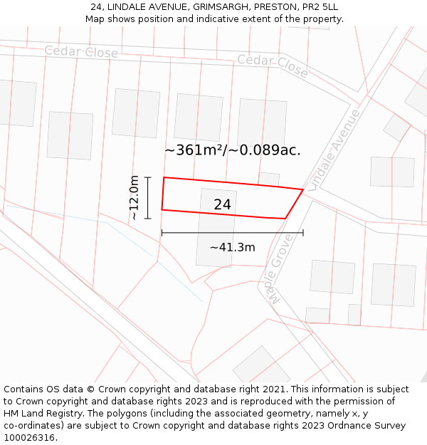 24, LINDALE AVENUE, GRIMSARGH, PRESTON, PR2 5LL: Plot and title map