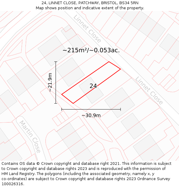 24, LINNET CLOSE, PATCHWAY, BRISTOL, BS34 5RN: Plot and title map