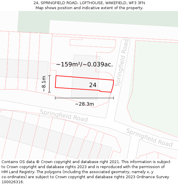 24, SPRINGFIELD ROAD, LOFTHOUSE, WAKEFIELD, WF3 3FN: Plot and title map