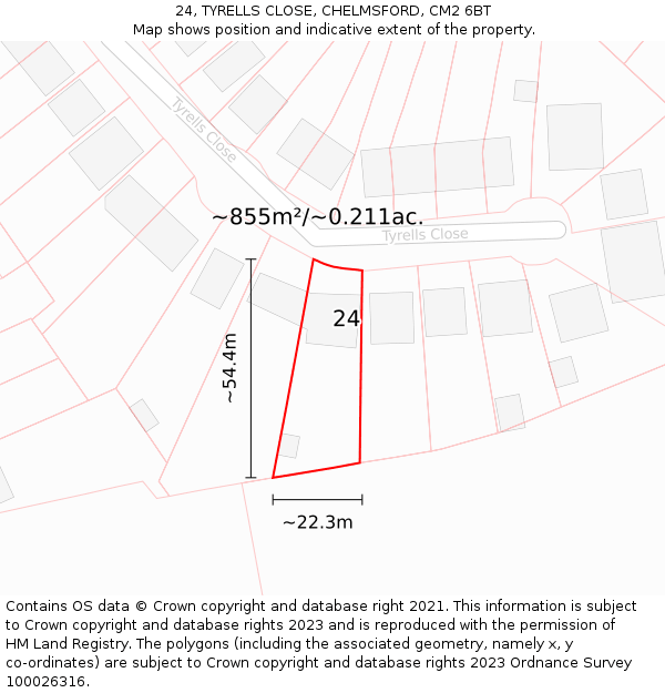 24, TYRELLS CLOSE, CHELMSFORD, CM2 6BT: Plot and title map