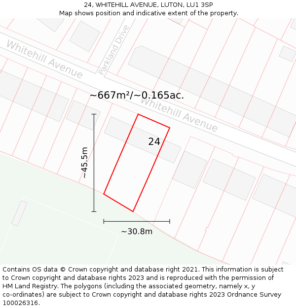 24, WHITEHILL AVENUE, LUTON, LU1 3SP: Plot and title map