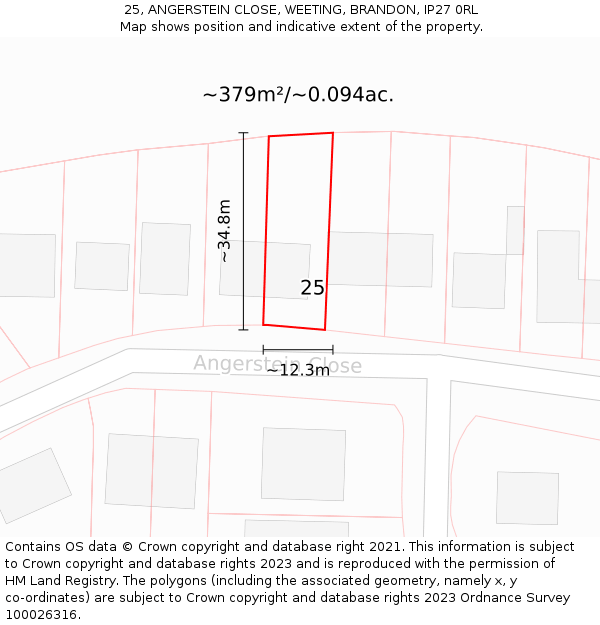 25, ANGERSTEIN CLOSE, WEETING, BRANDON, IP27 0RL: Plot and title map