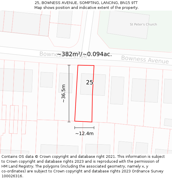 25, BOWNESS AVENUE, SOMPTING, LANCING, BN15 9TT: Plot and title map