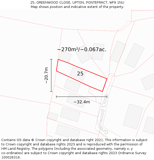25, GREENWOOD CLOSE, UPTON, PONTEFRACT, WF9 1NU: Plot and title map