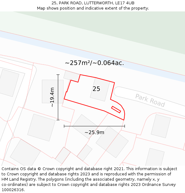 25, PARK ROAD, LUTTERWORTH, LE17 4UB: Plot and title map