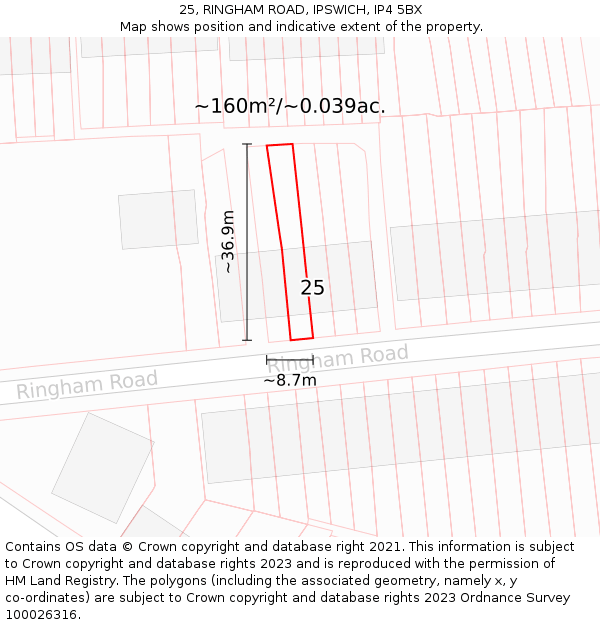 25, RINGHAM ROAD, IPSWICH, IP4 5BX: Plot and title map