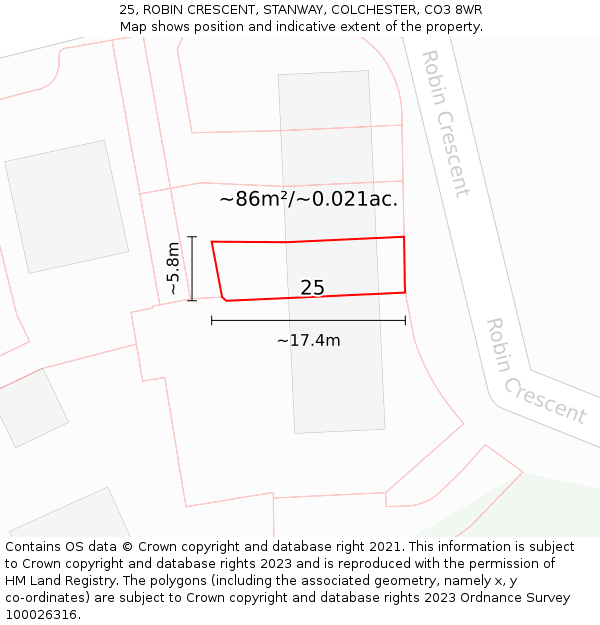 25, ROBIN CRESCENT, STANWAY, COLCHESTER, CO3 8WR: Plot and title map