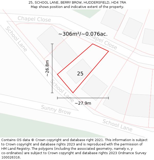25, SCHOOL LANE, BERRY BROW, HUDDERSFIELD, HD4 7RA: Plot and title map
